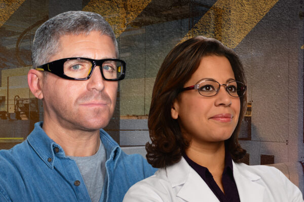A picture of a man wearing safety glasses next to a woman